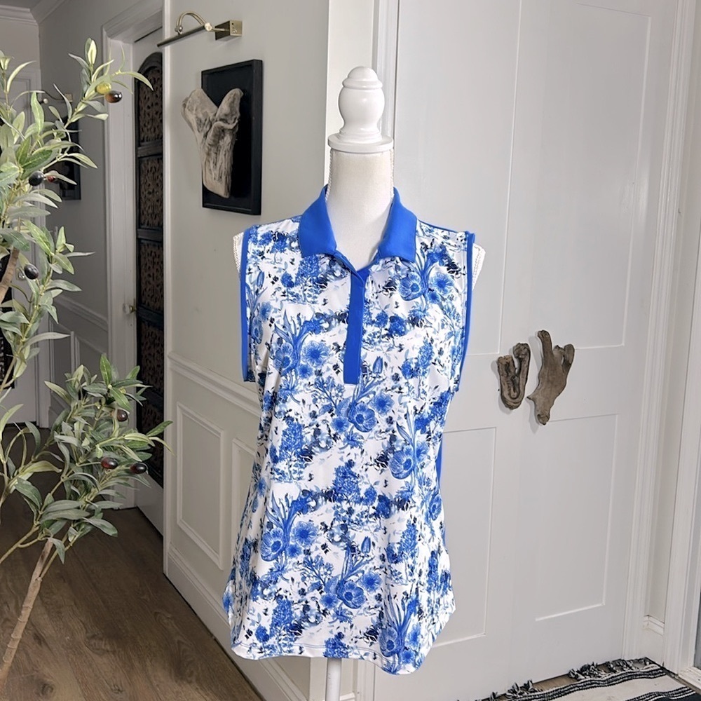 Lady Hagen‎ Women’s Golf Top L Blue White Floral Print Sleeveless Collared